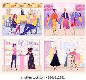 People In Shopping Mall, Women In Fashion Clothes Store, Vector Illustration. Woman Trying On New Dress, Choosing Perfume, Shopping In Fashion Boutique With Friends. Young Couple Eating In Food Court