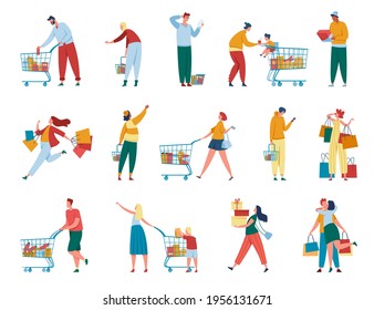 People shopping. Man and women with paper bags, carts, gift boxes purchasing at retail store or mall. Buyers with packages, customer characters vector set. Buying products in grocery shop