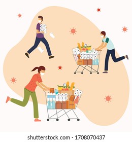 People shopping mask, toilet paper and a lot of food. Man wearing mask, concept of panic shopping during worldwide pandemic of covid-19. Character with shopping cart of food and sanitizers.