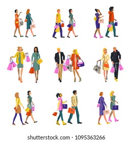 People shopping. Men and women come with packages. Isolated vector illustration.