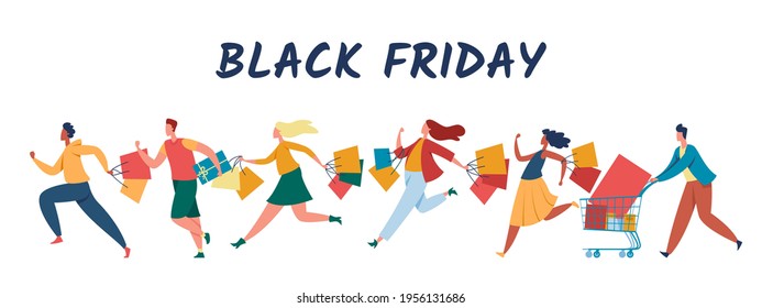 People shopping on black friday sale. Crowd running with carts, paper bags. Men and women purchasing on sale. Store, mall discount season vector illustration. Characters buying goods
