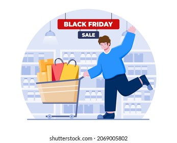 People Shopping On Black Friday Sale Promotion Event At Offline Store Vector Flat Illustration. Can Be Used For Web, Banner, Promotion, Poster, Social Media, Print.