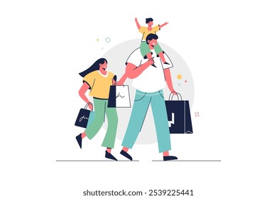 People Shopping on Holidays. Buying Christmas Gifts, Presents and other Holiday Goods. Family Holiday Routine. Christmas Shopping Concept. Flat Cartoon Vector Illustration, icon. Stylish colorful