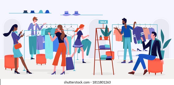 People shopping on sale vector illustration. Cartoon flat man woman shopper characters buy clothes and accessories in retail store, shop or boutique interior, modern style fashion showroom background