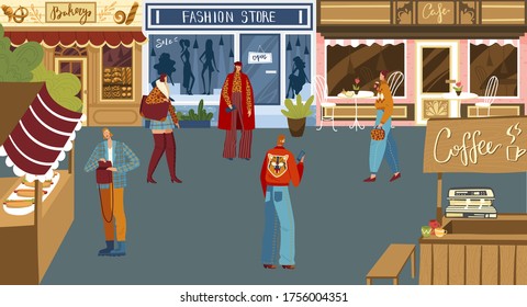 People shopping on town square, small local bakery shop, fashion store, cafe and street food, vector illustration. Men and women cartoon characters walking outside storefronts. Hand drawn person mall