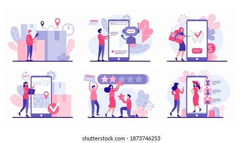 People shopping online app vector flat illustration. Male character uses web bot to select desired product. Girl tries on dress in mobile application. Satisfied buyers rate marketing rating