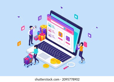 People Are Shopping Online And Buying Things In An Online Store Via A Giant Laptop. A Young Man Use Megaphone Is Promoting His Stuff. Online Shopping Concept. Isometric Vector Illustration