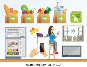 People shopping online by social technology. Supermarket shop delivery service in the future. Graphic illustrator design.