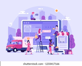 People shopping online concept with happy customers buying and making payments with smartphones. Internet digital store banner with man and woman on shopping. E-commerce advertising illustration.