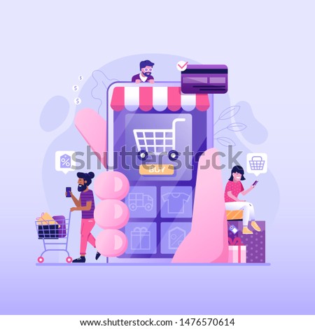 People shopping online concept with happy customers buying and making payments with smartphones. Internet digital store scene with man and woman on shopping. E-commerce advertising illustration.