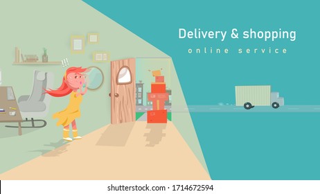 People shopping online and delivery service, transportation technology concept, girl cartoon character, interior home idea creative background vector illustration