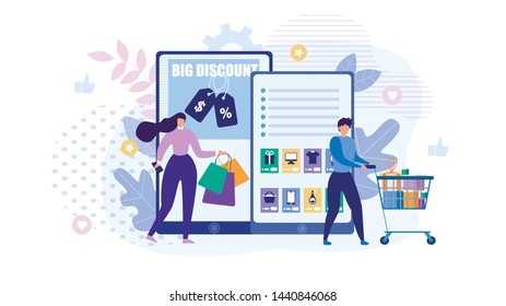 People Shopping Online with Discount Metaphor Cartoon Advert. Man Pushing Cart full of Goods and Woman Holding Handbags Stand near Two Huge Phone Screens. Vector Flat Natural Illustration