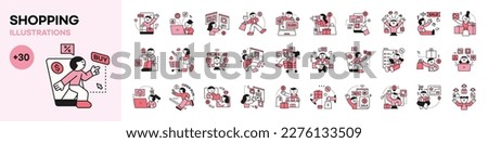 people are shopping. Online e-commerce. Cute character illustration in simple outline style. mega set.