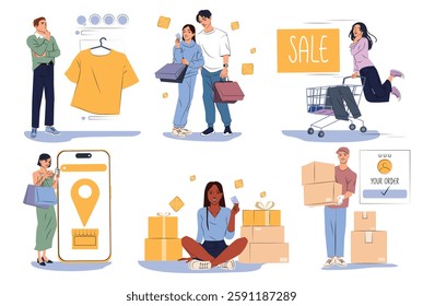 People shopping online, flat graphic style, on white background. Concept of e-commerce, online retail, and delivery services. Vector illustration