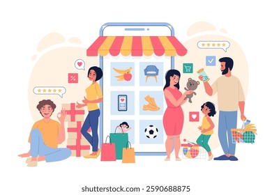 People shopping online. Happy family and couple buy goods through mobile app, large smartphone screen, remote payment, customers shop cartoon flat style isolated vector classy concept