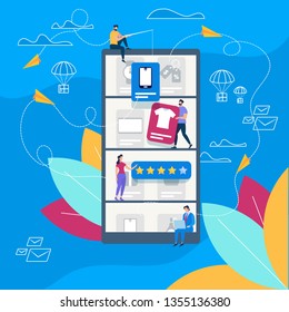 People Shopping Online. Man with Fishing Rod Sitting on Huge Smartphone, Girl Put Raiting Stars. Goods Delivery Service. Man with Laptop, Parachutes Flying with Boxes. Cartoon Flat Vector Illustration