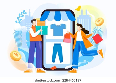 People shopping online with mobile phone and shopping cart in the background, vector illustration