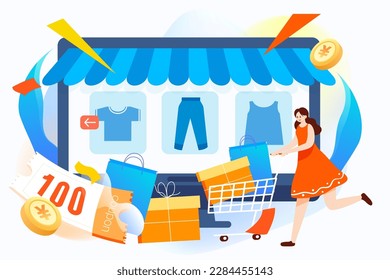 People shopping online with mobile phone and shopping cart in the background, vector illustration