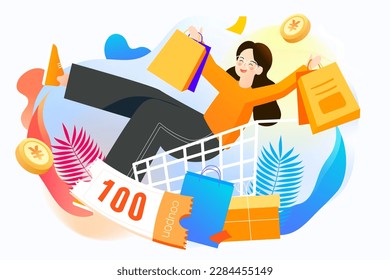 People shopping online with mobile phone and shopping cart in the background, vector illustration