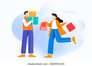 People shopping online with mobile phone and shopping cart in the background, vector illustration