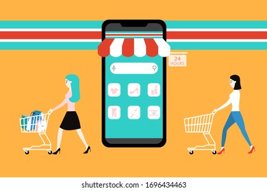 People shopping online. Online store on smartphone application.