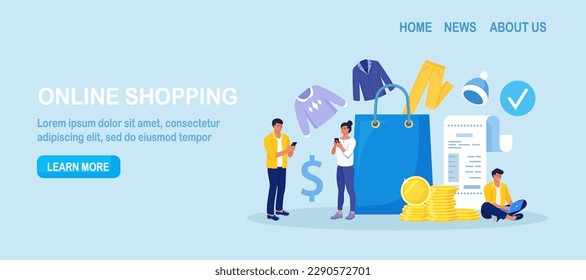 People shopping online using laptop, phone, pay with mobile app. Customer choosing modern apparel, wearing, accessories for wardrobe. Internet garment shop, e-commerce, sale. Shopping bag with garment