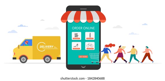 People shopping online using mobile phone. Happy men and women taking part in seasonal sale at store, shop, mall and online. Cartoon characters on white background