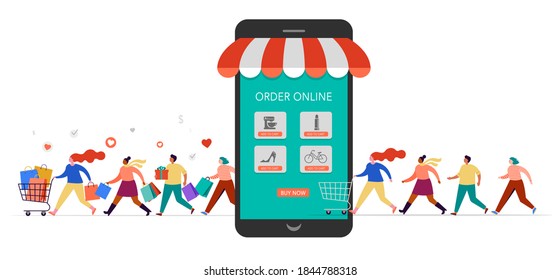 People Shopping Online Using Mobile Phone. Happy Men And Women Taking Part In Seasonal Sale At Store, Shop, Mall And Online. Cartoon Characters On White Background