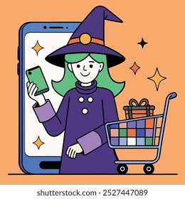 People shopping online using phones. Halloween theme. Character.