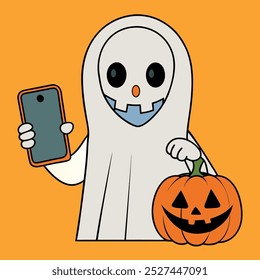 Personas comprando en línea usando teléfonos. Tema de Halloween. Carácter.