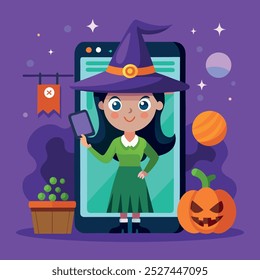 People shopping online using phones. Halloween theme. Character.