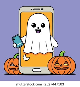 Menschen, die online über Telefone einkaufen. Halloween-Thema. Zeichen.