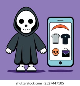 People shopping online using phones. Halloween theme. Character.