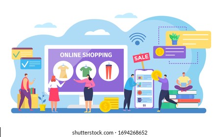People shopping online vector illustration. Cartoon tiny shoppers characters buying clothes on internet sale in mobile shop app, flat buyers paying for purchases. Discount concept isolated on white