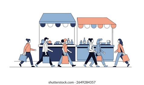 People are shopping at outdoor stalls on a sunny day enjoying the market atmosphere