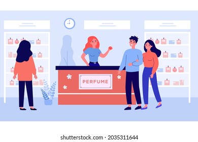 People shopping at perfume store flat vector illustration. Young girl looking at showcase while happy couple talking to saleswoman near counter. Smell, aroma, shopping, fashion, cosmetic concept