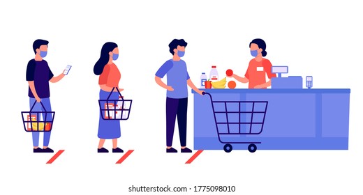 People Shopping, Queue.  Social Distancing In Shop. Supermarket Store Counter Cashier And Buyers In Protective Masks, With Cart And Basket Of Food. Customers At Checkout Counter. Shop Retail. Vector