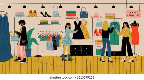 People shopping in retail store for clothes, fashion boutique