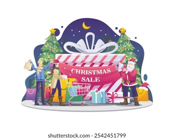People are shopping with Santa Claus using megaphones on promotion in Christmas sale. Flat vector illustration