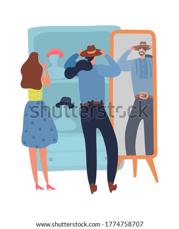 People shopping second hand. Man tries on hat in front of mirror, a woman chooses product, shoppers in store, marketplace or bazaar, swap party on flea market, cartoon flat vector isolated character