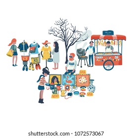 People shopping and selling clothes, secondhand stuffs and foods at the market fair, all in colorful doodle cartoon flat design, illustration, vector, on white background