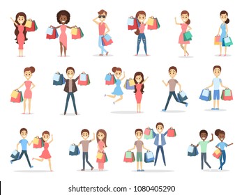 People shopping set with bags on white background.