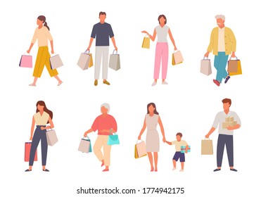 People with shopping set. Characters with paper bags returning from market happy woman child elderly man bags in both hands girl designer handbags. Consumer cartoon vector.