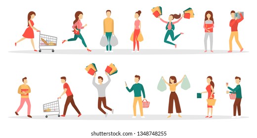 People shopping set. Collection of person with bag and gift box. Big sale and discount. Cheerful buyer. Vector illustration in cartoon style