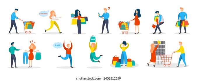 People shopping set. Collection of person with bag. Big sale and discount. Cheerful buyer. Vector illustration in cartoon style