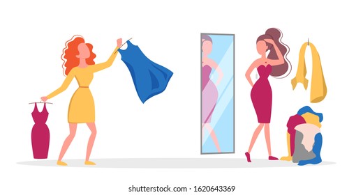 People shopping set. Collection of person with bag and clothes. Big sale and discount concept. People buy and try new clothes. Cheerful buyer. Vector illustration in cartoon style