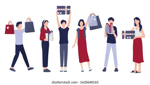 People shopping set. Collection of person with bag and box. Big sale and discount. Grocery or fashion store. Customer with shopping bags. Cheerful buyer. Vector illustration in cartoon style