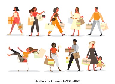 People shopping set. Collection of person with bag and box. Big sale and discount. Grocery or fashion store. Customer with shopping bags. Cheerful buyer. Vector illustration in cartoon style