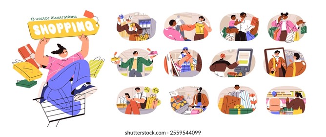 People shopping set. Customers with carts buy products, clothes in retail stores. Buyers make purchases on sale in supermarket, grocery market. Flat isolated vector illustrations on white background