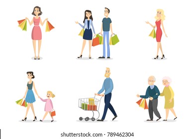 People shopping set. Families and couples with bags.